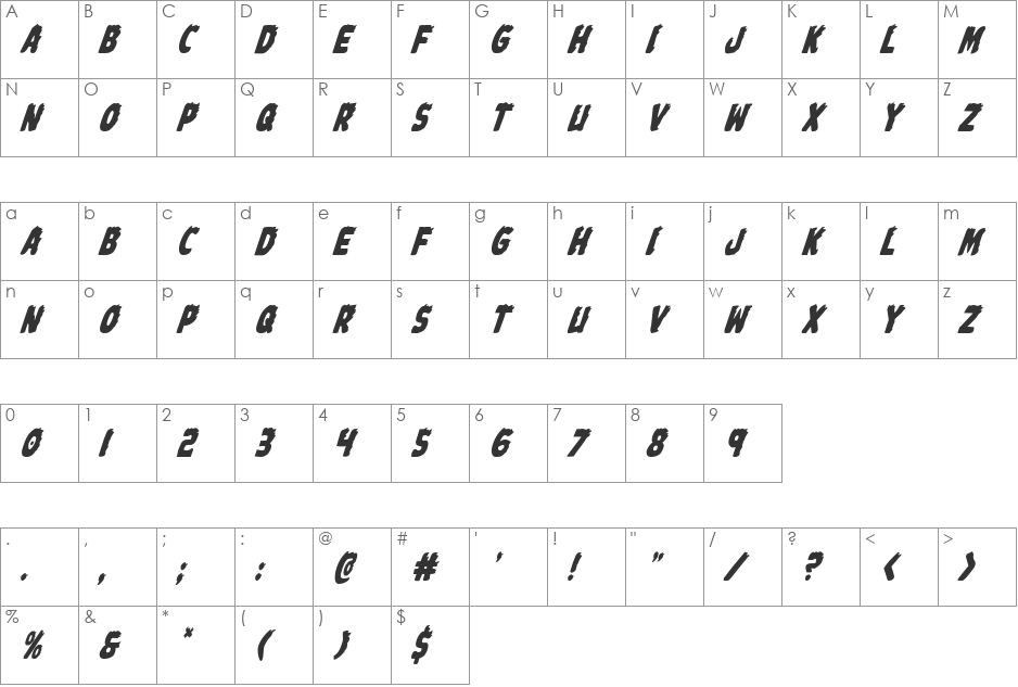 Johnny Torch Condensed Italic font character map preview