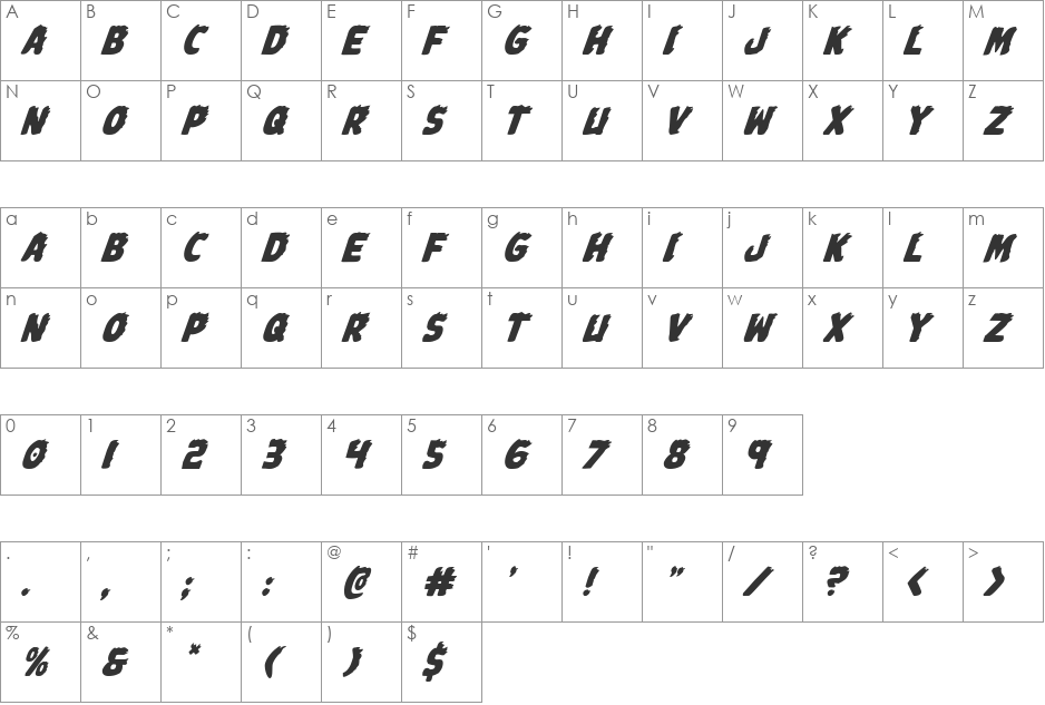 Johnny Torch Italic font character map preview