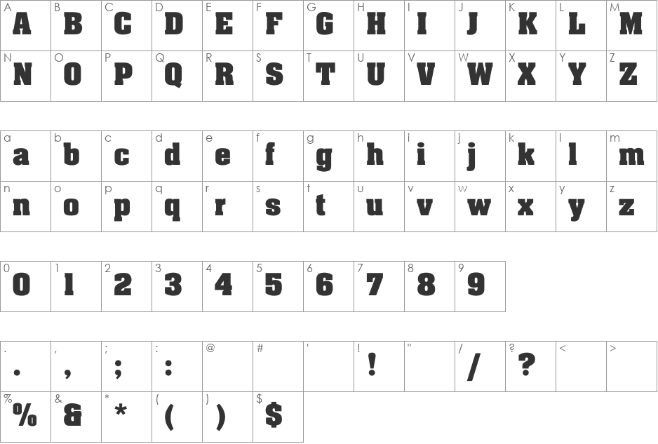 Johnny-Bold font character map preview