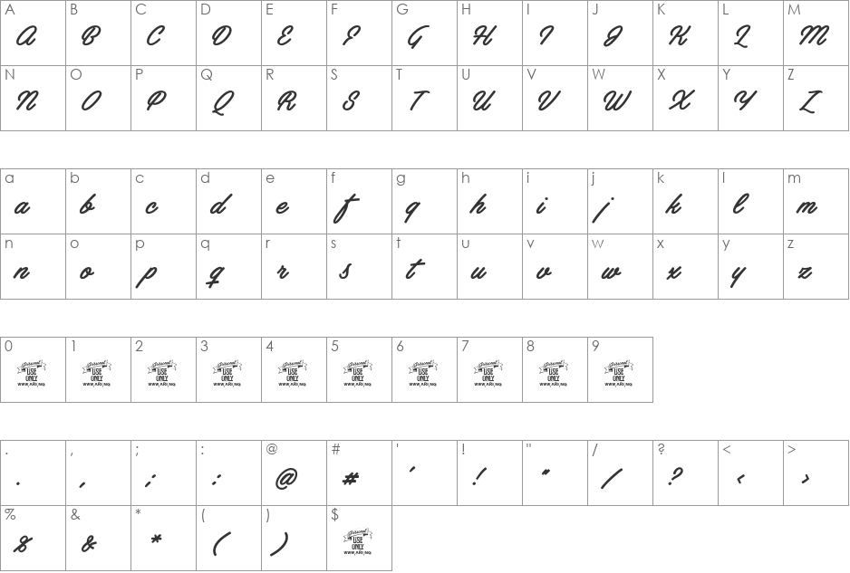 Artely Inks PERSONAL USE font character map preview