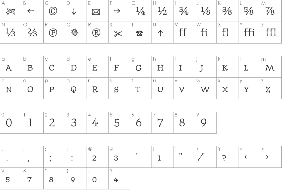 JournalTextFractions font character map preview