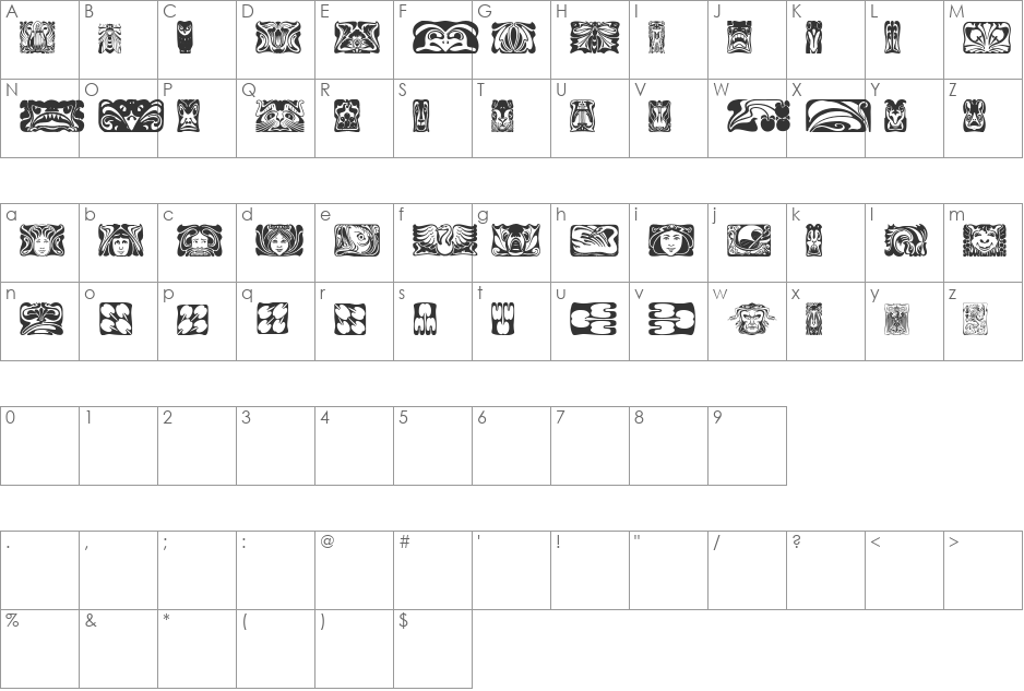 Jugendstil Ornamente font character map preview