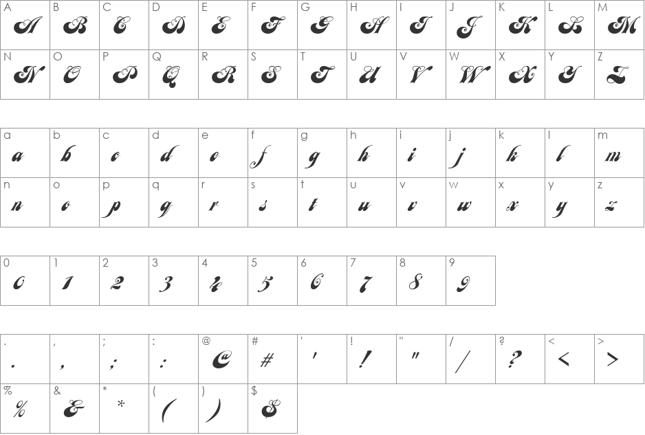 Julia Script font character map preview
