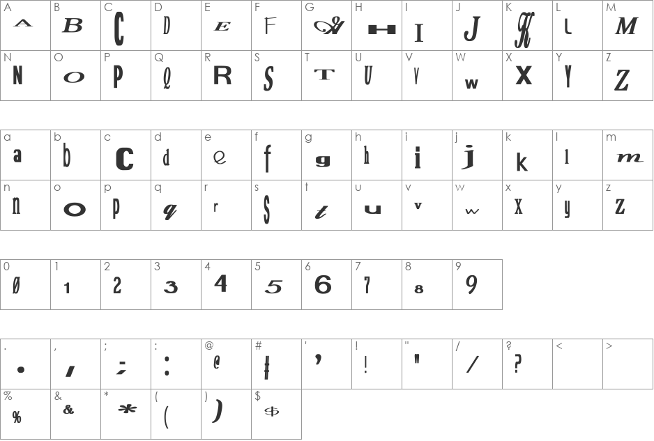 Jumbalaya Bold font character map preview