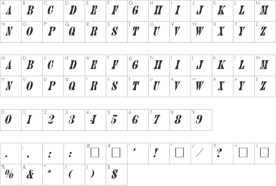 Juniper-Italic font character map preview