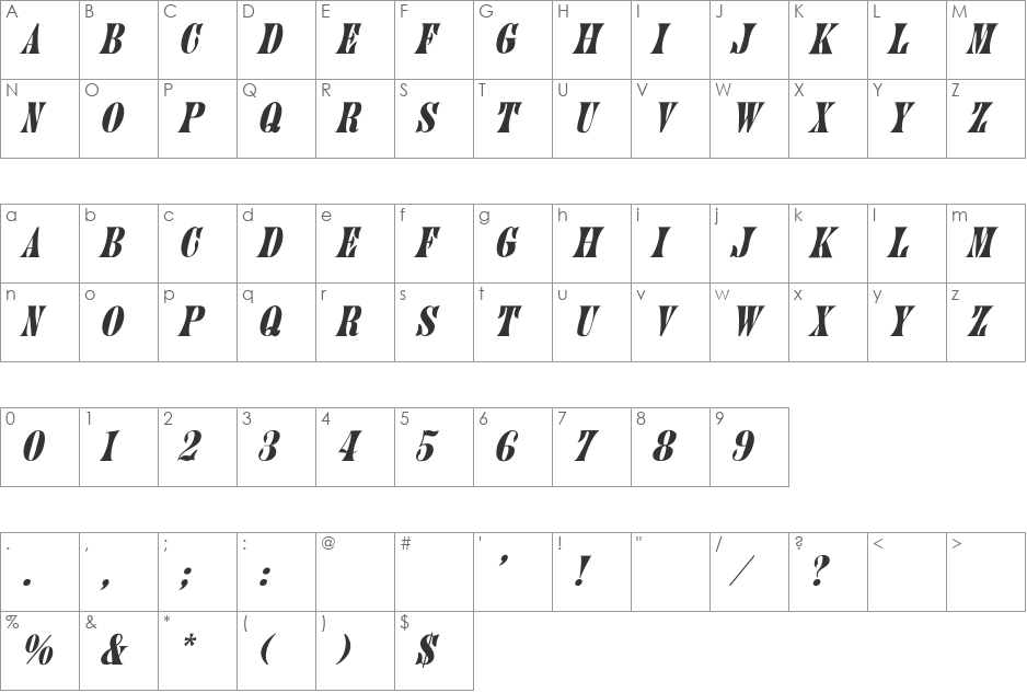 Juniper-Normal Italic font character map preview