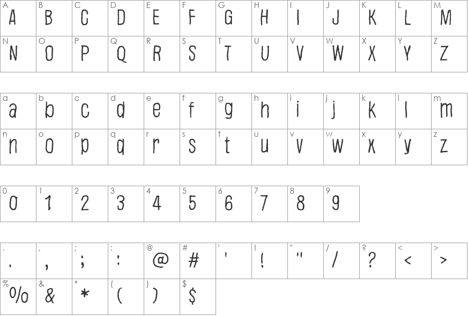 Justaword font character map preview