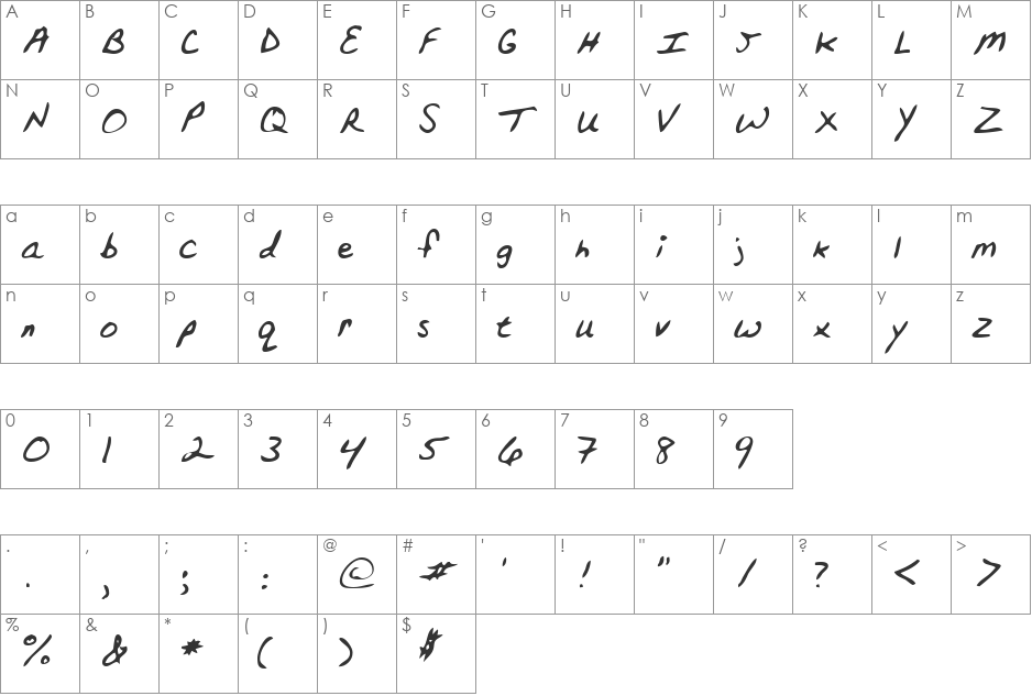 JustinsHand font character map preview