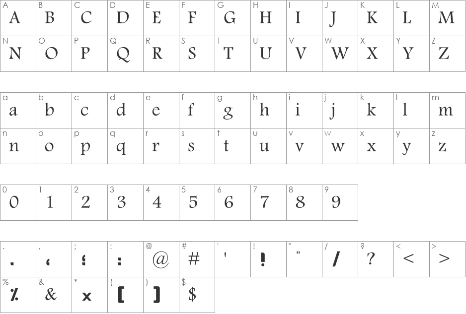 K Sina font character map preview