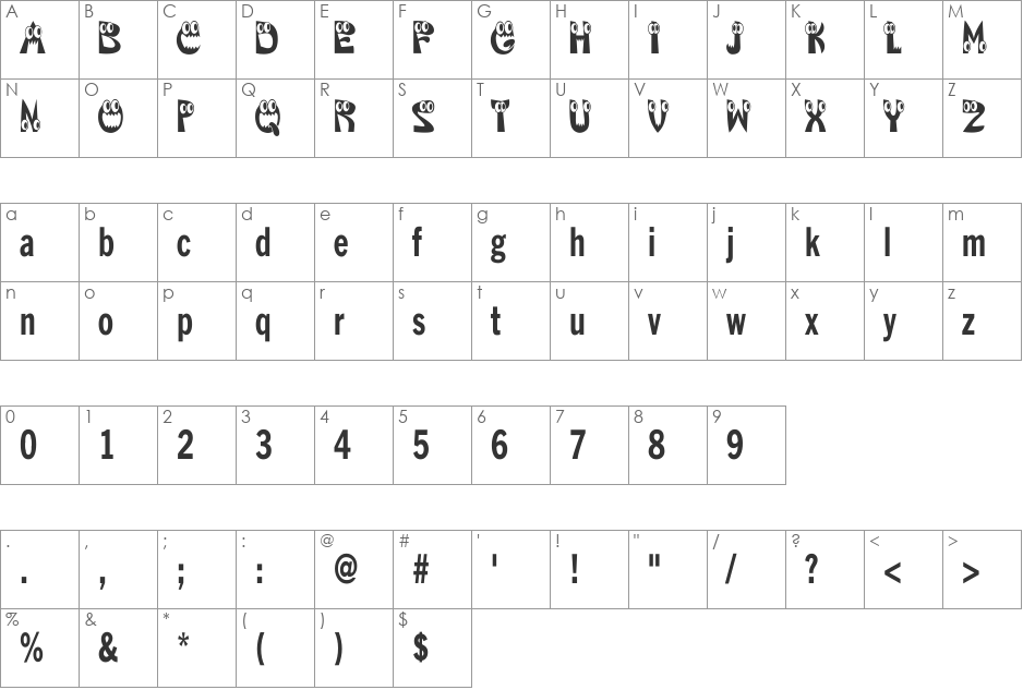 KAHorribleSquish font character map preview