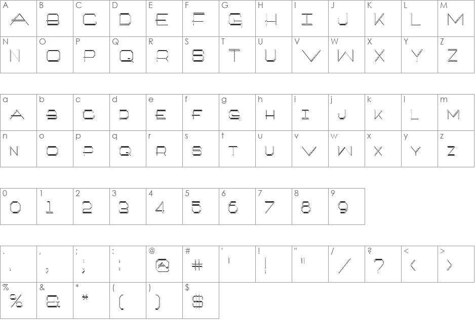 Artlook 3-D Narrow font character map preview