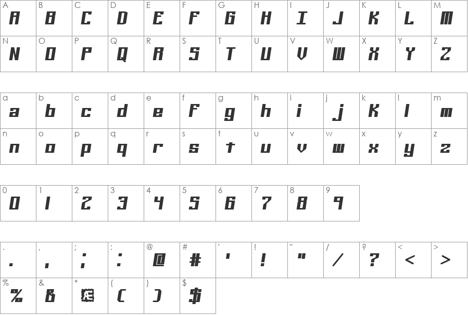 Kaliber Solid (BRK) font character map preview