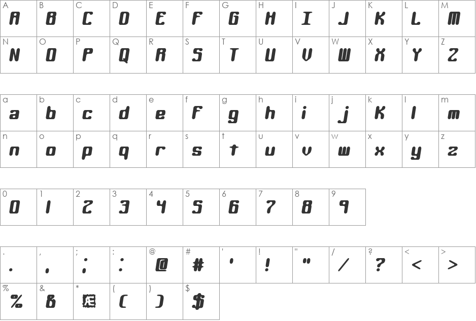 Kaliber Xtreme (BRK) font character map preview