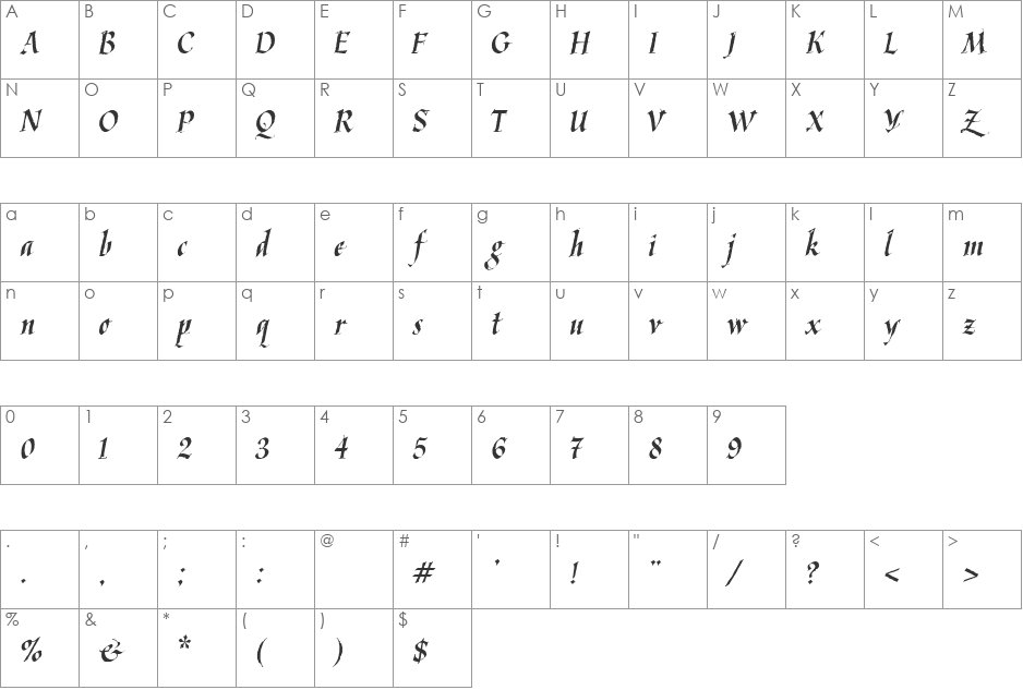 Kaligrafica font character map preview