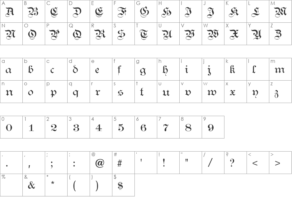 KanzleiLight font character map preview