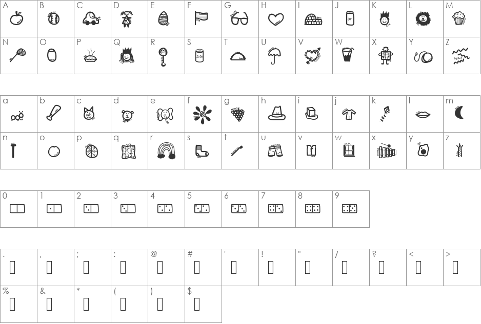 KBABCDoodles font character map preview