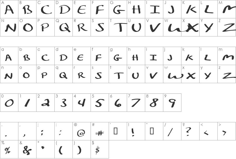 Kelley Calligraphy font character map preview