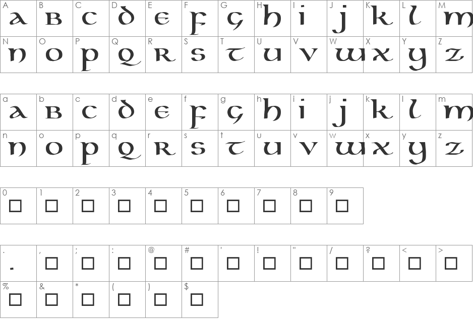 Kells1.02Ke font character map preview