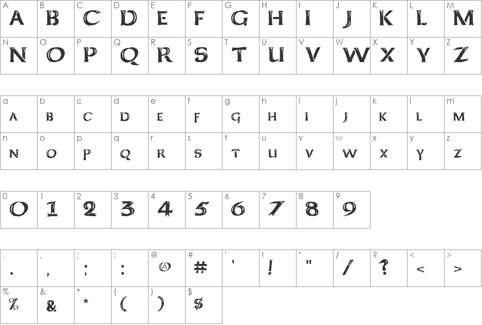 Kelt Caps Freehand font character map preview