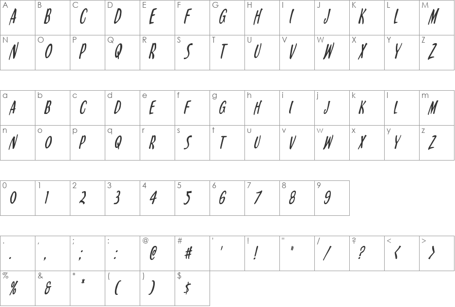 Kennebunkport Condensed Italic font character map preview