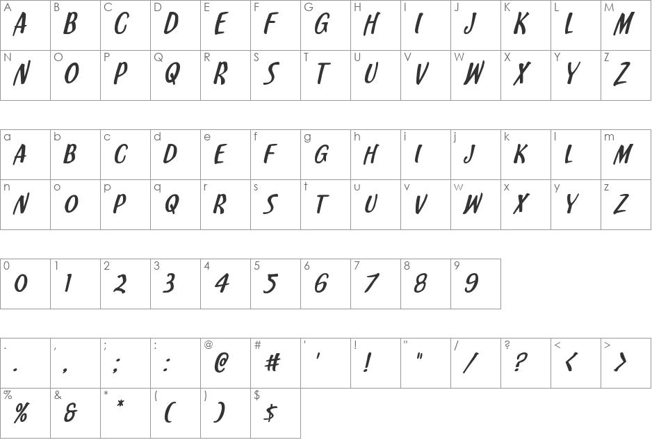 Kennebunkport Expanded Italic font character map preview