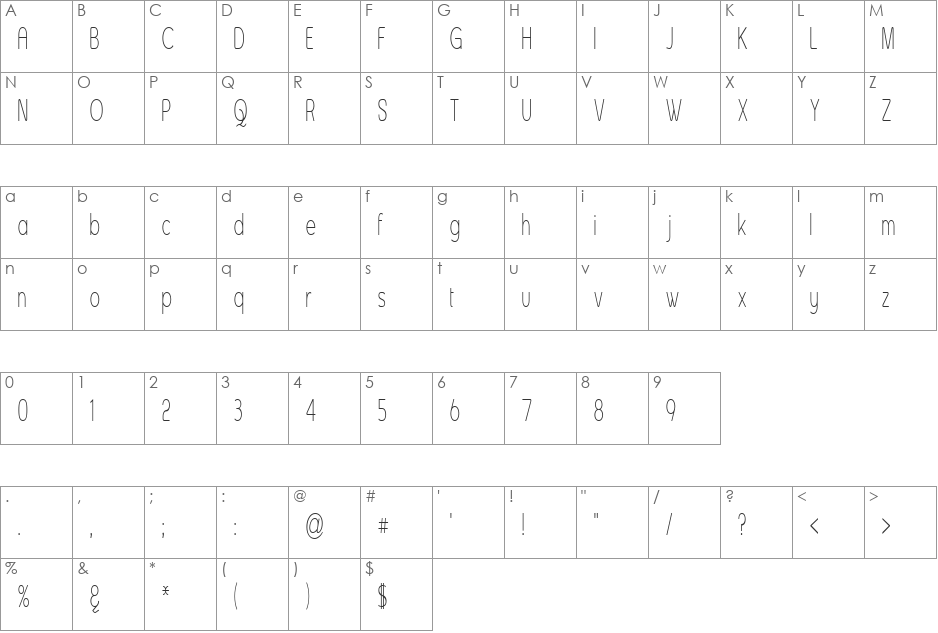 Asenine Super Thin font character map preview