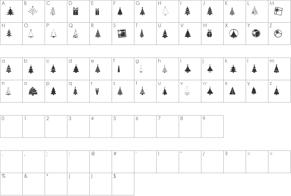 KG Christmas Trees font character map preview