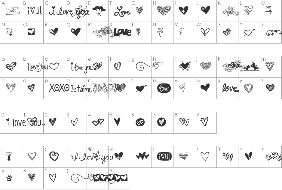 KG Heart Doodles font character map preview