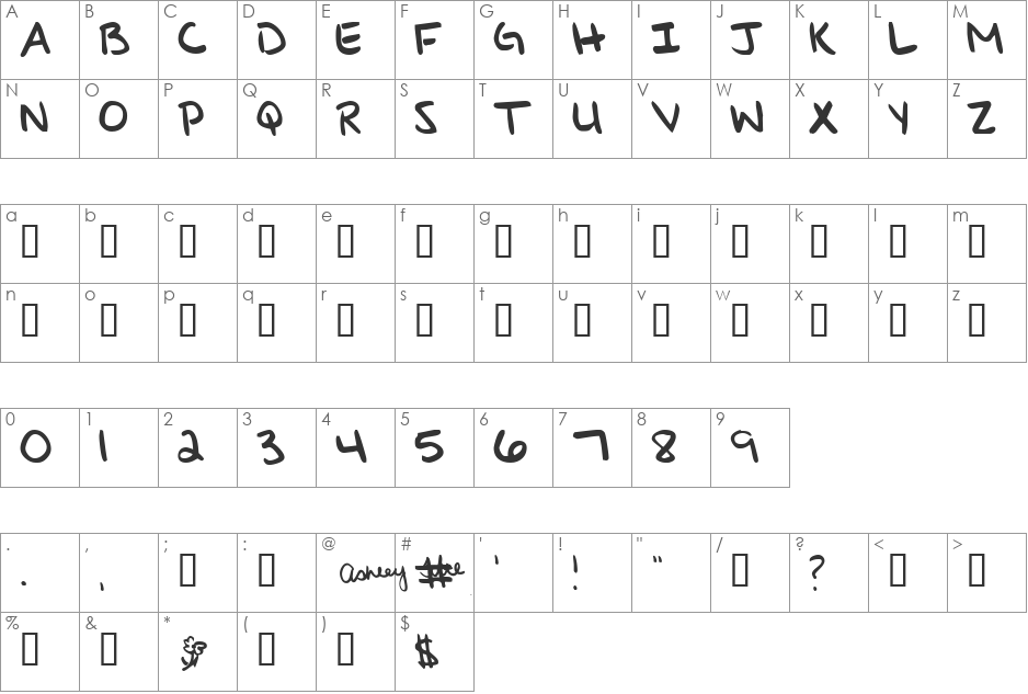 Ashley's Writing font character map preview