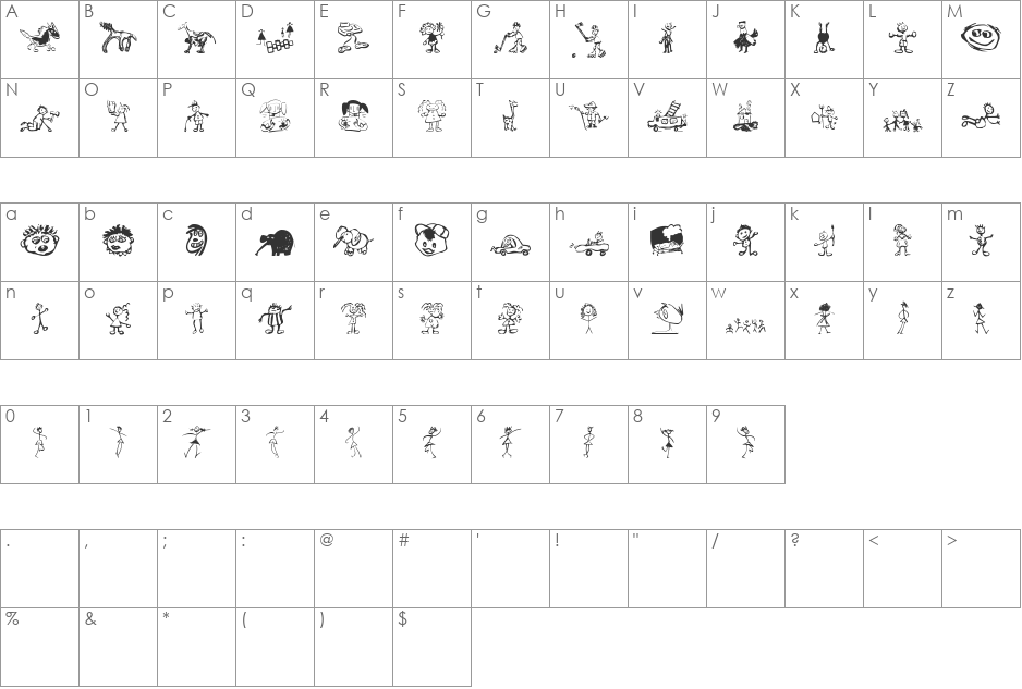 KidsDrawings font character map preview