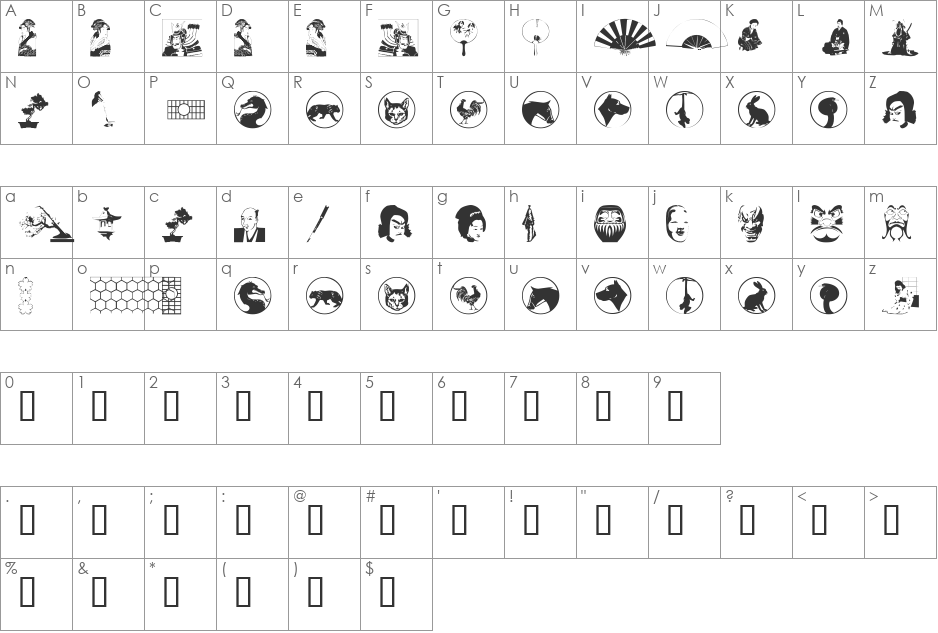 Asian Dings font character map preview