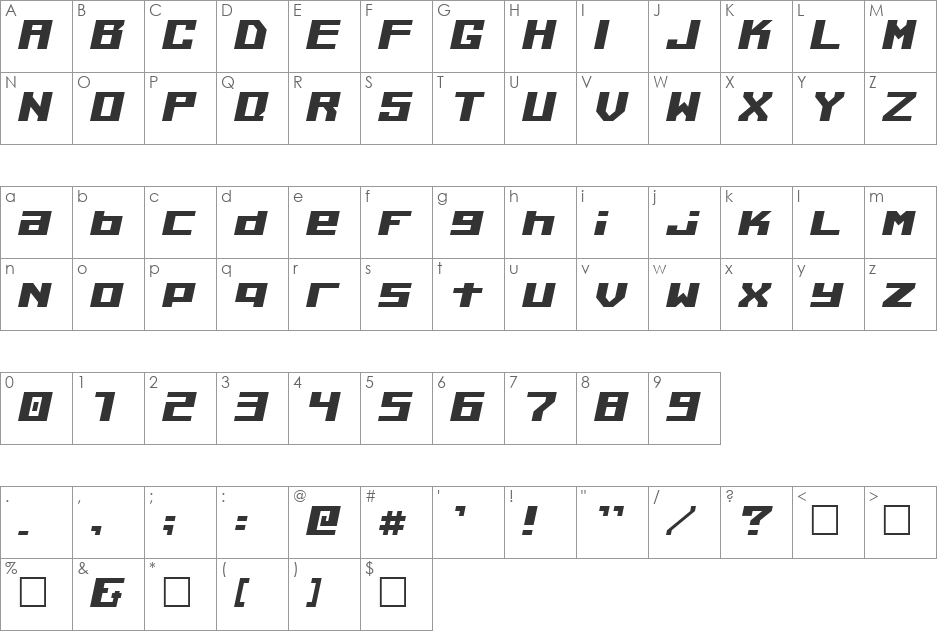 Kiloton Italic font character map preview