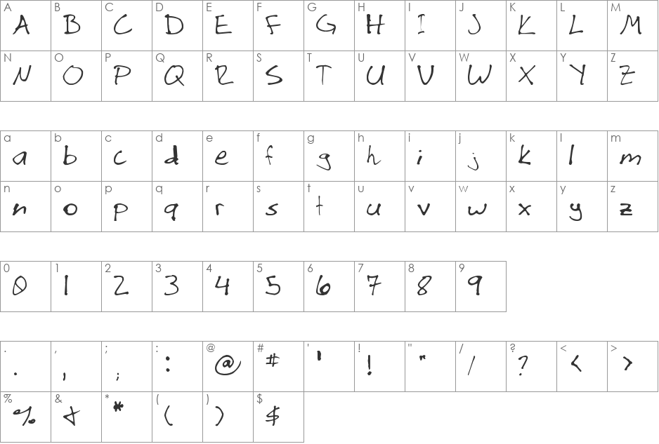 Kiminims font character map preview