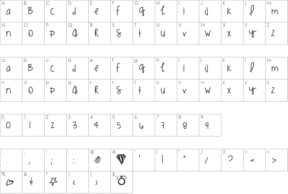 KimmiesHand font character map preview