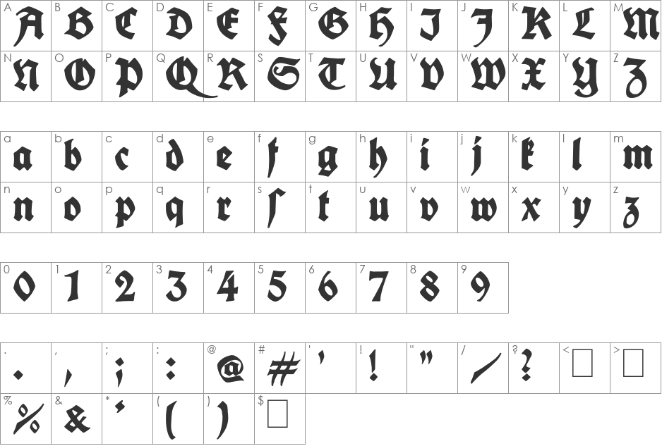 King Arthur Legend font character map preview