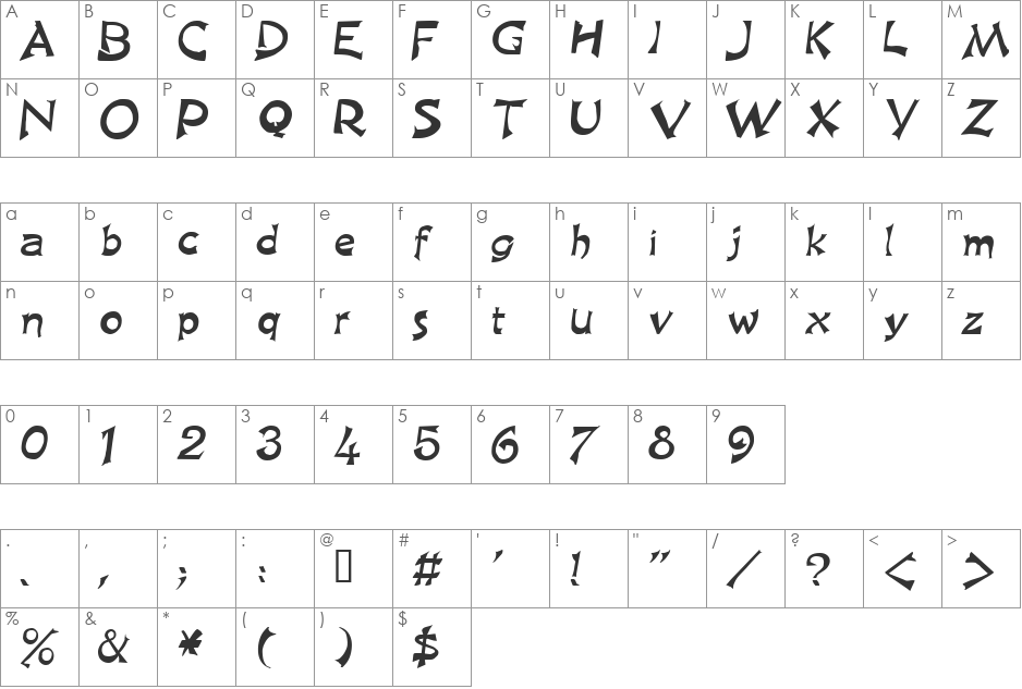 King Arthur Special font character map preview