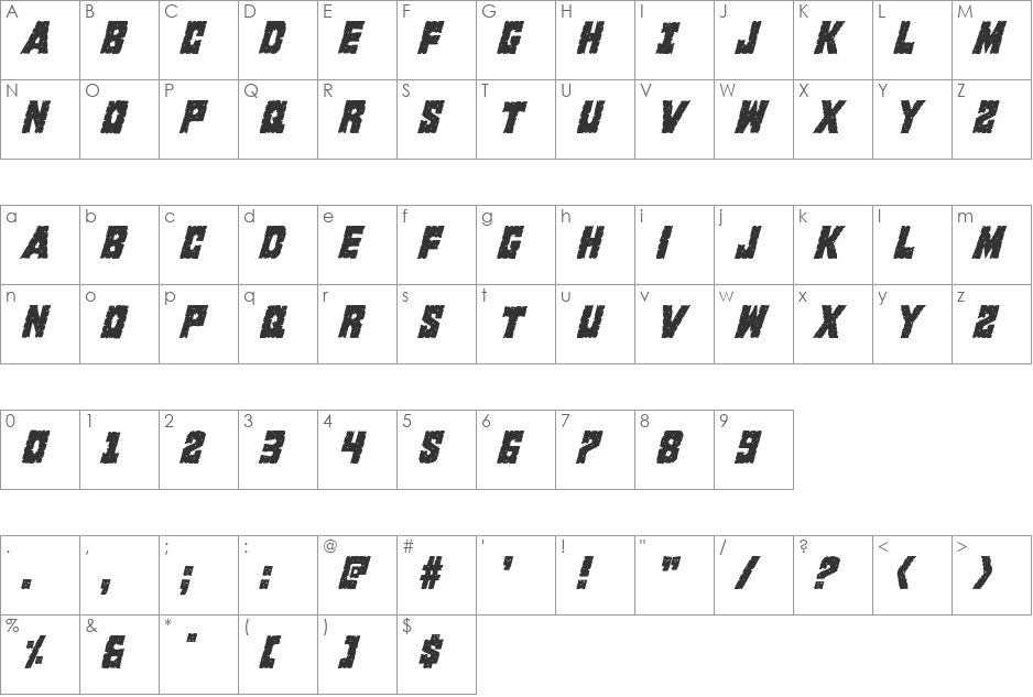 King Commando Condensed Italic font character map preview