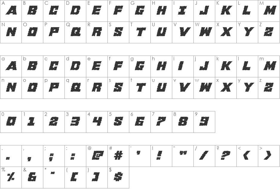King Commando Expanded Italic font character map preview