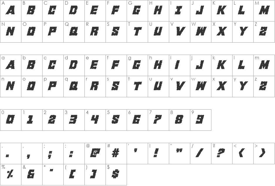 King Commando Italic font character map preview