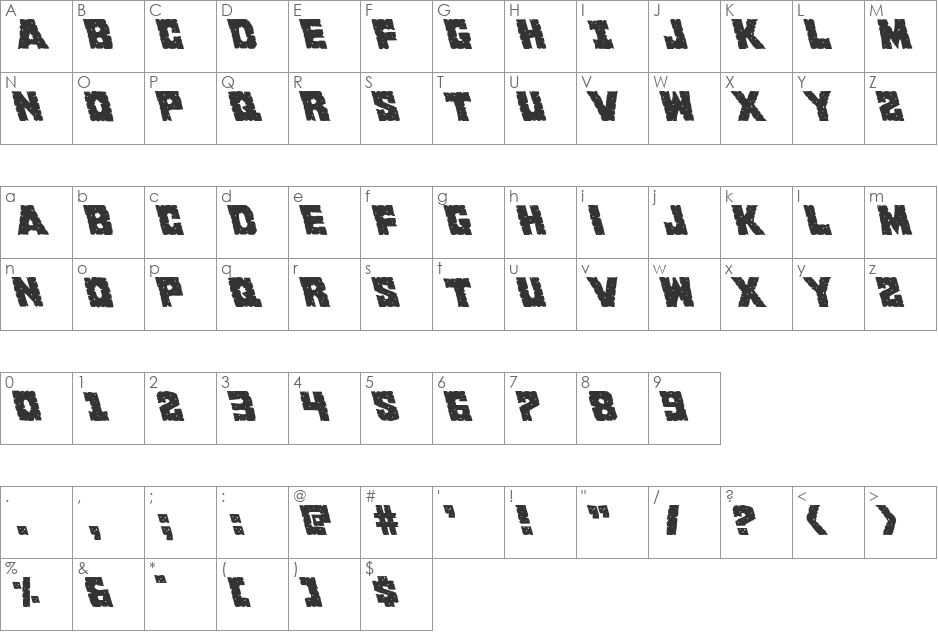 King Commando Leftalic font character map preview