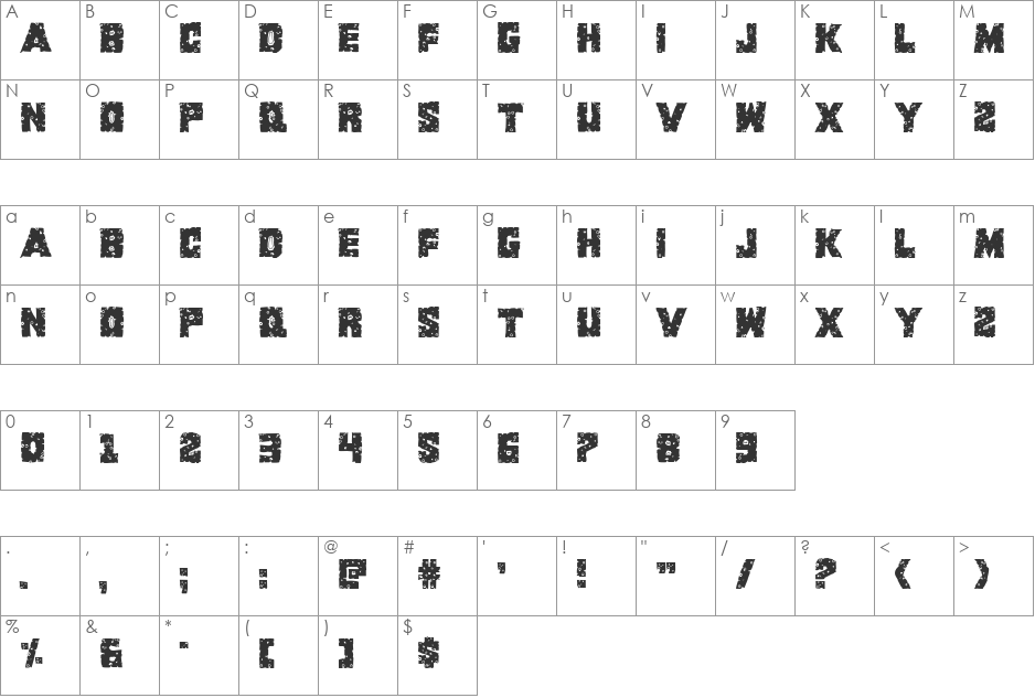 King Commando Riddled II font character map preview