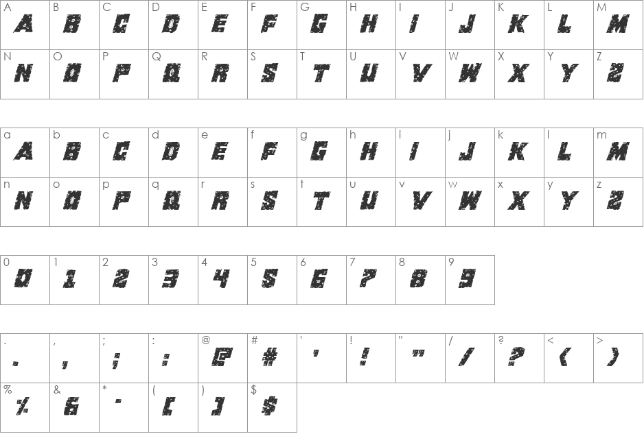 King Commando Riddled II Italic font character map preview