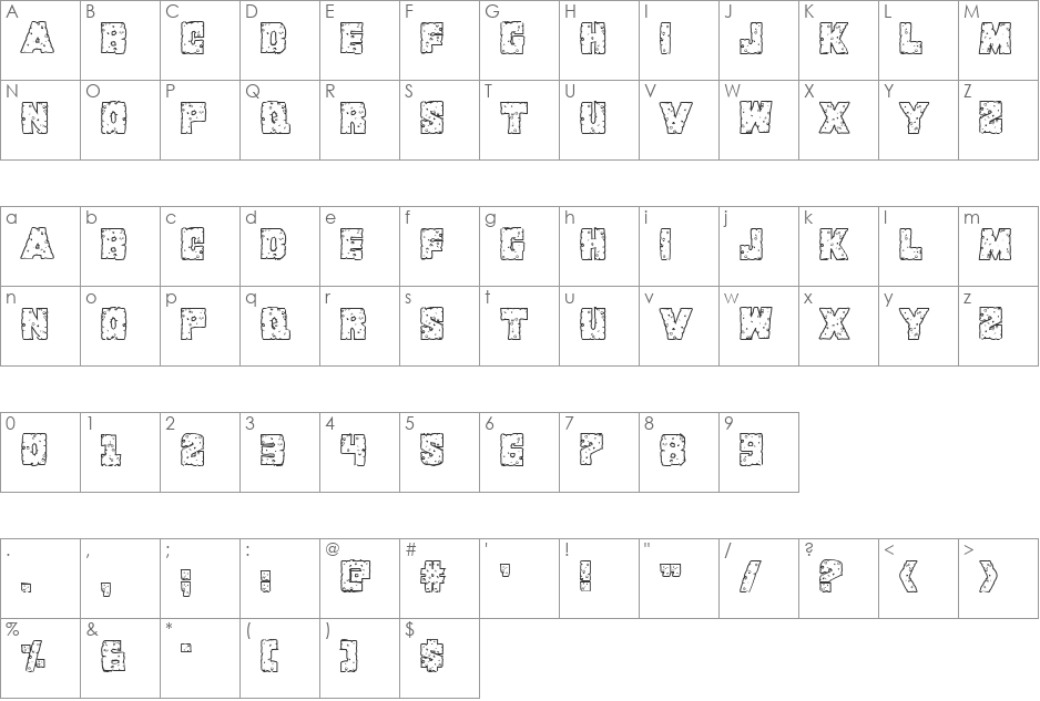 King Commando Riddled III font character map preview