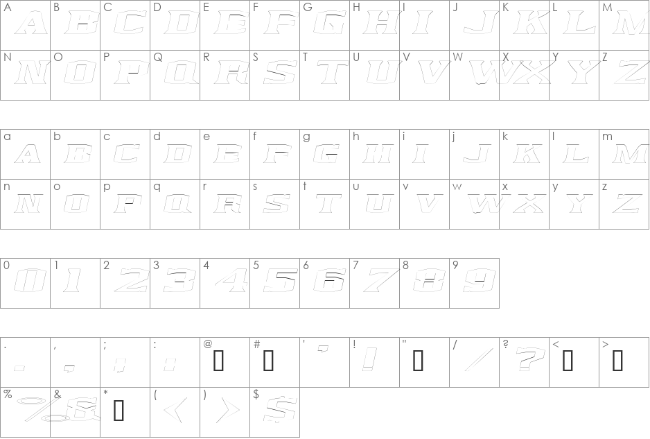 KingfreshCondensedOutline font character map preview