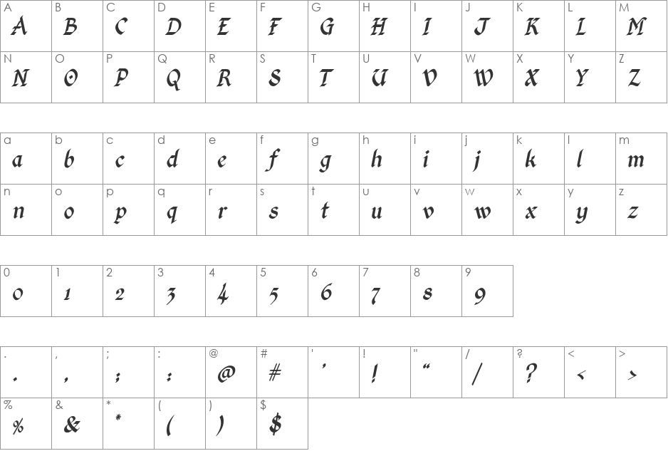 Kingthings Calligraphica font character map preview