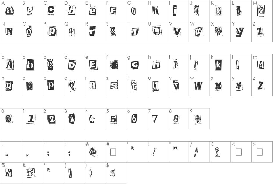 Kingthings Extortion font character map preview