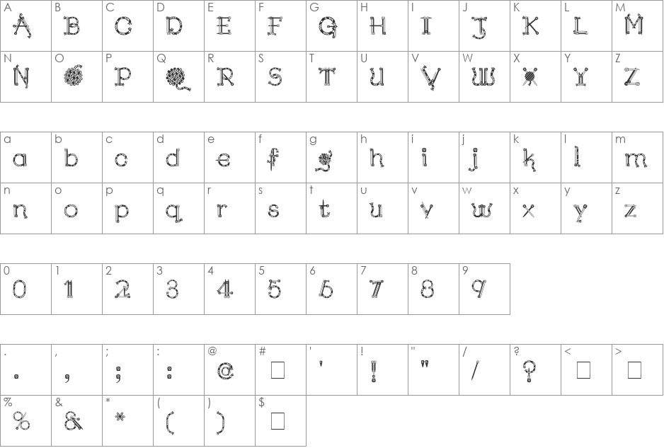 Kingthings Needles font character map preview