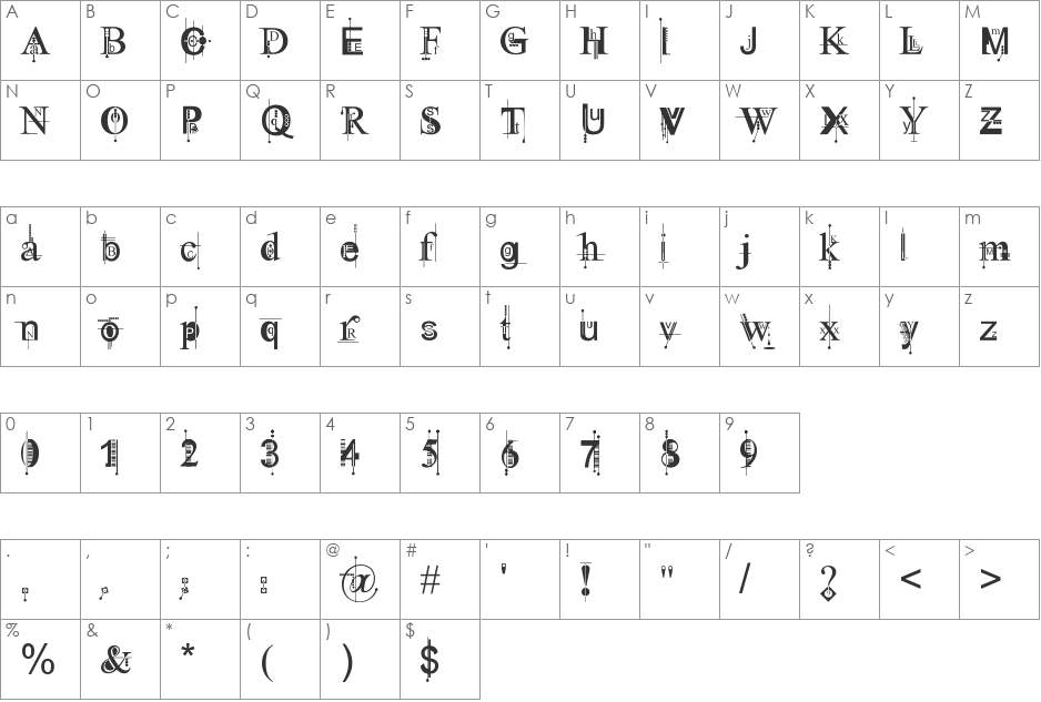 Kingthings Pique'n'meex font character map preview