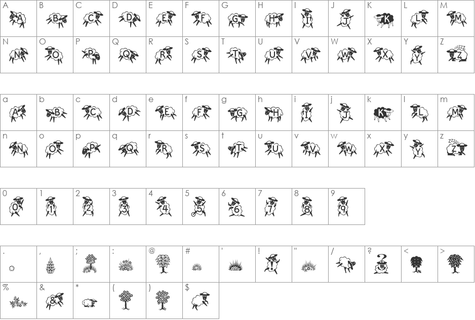 Kingthings Sheepishly font character map preview