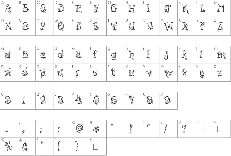 Kingthings Whizzbang font character map preview